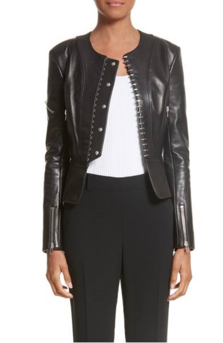 Women Real Lambskin Leather Biker Jacket KW367 featuring high-quality leather, satin lining, and stylish design with multiple pockets.