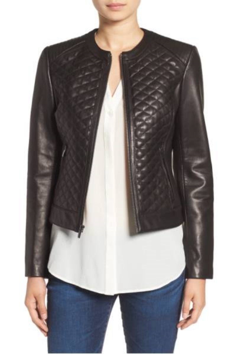 Women Real Lambskin Leather Biker Jacket KW368 featuring high-quality leather, YKK zipper, and satin lining for comfort.