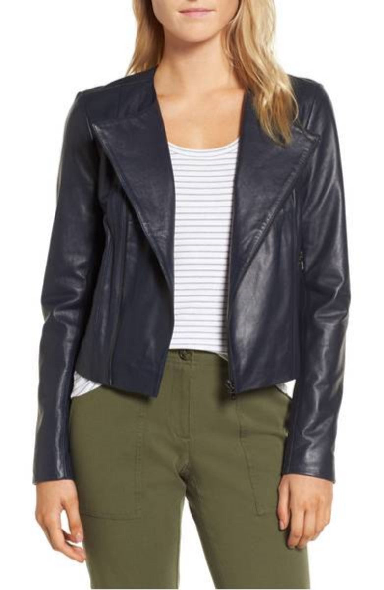 Women Real Lambskin Leather Biker Jacket KW369 featuring high-quality leather, satin lining, and stylish biker design with multiple pockets.