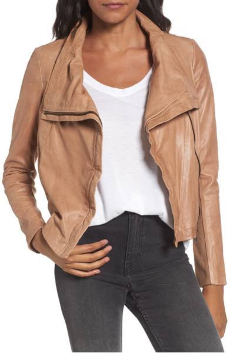 Women Real Lambskin Leather Biker Jacket KW371 featuring high-quality leather, satin lining, and stylish biker design.