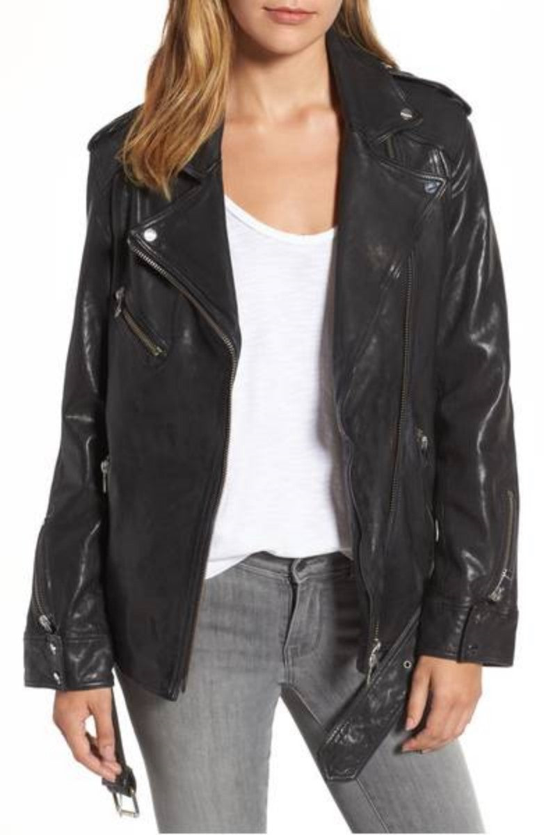 Women Real Lambskin Leather Biker Jacket KW374 featuring high-quality leather, satin lining, and stylish design with pockets.