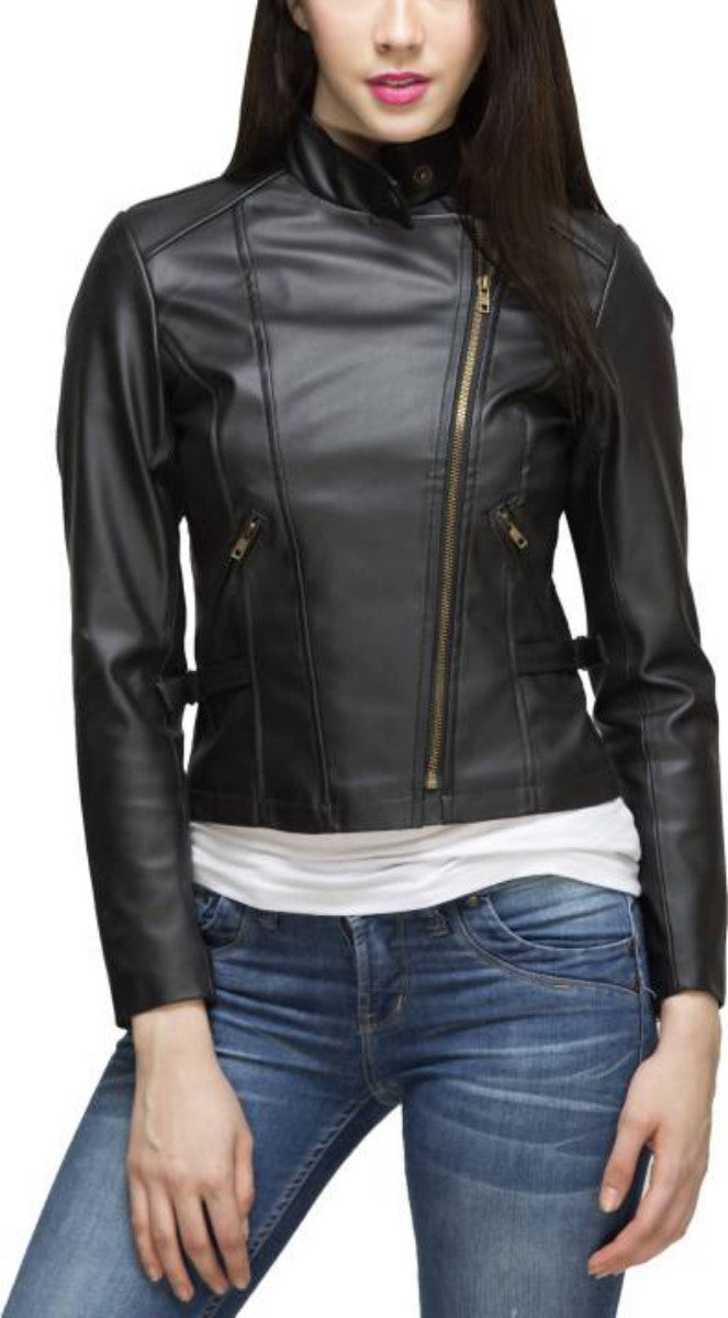 Women Real Lambskin Leather Biker Jacket KW378 featuring high-quality leather, satin lining, and stylish design with multiple pockets.