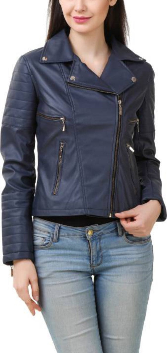 Women Real Lambskin Leather Biker Jacket KW388 featuring high-quality leather, satin lining, and stylish design with pockets.