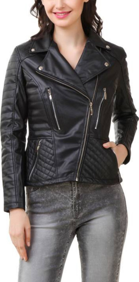 Women Real Lambskin Leather Biker Jacket KW383 featuring high-quality leather, YKK zipper, and satin lining for comfort.