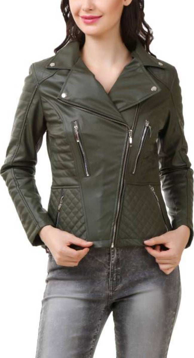 Women Real Lambskin Leather Biker Jacket KW390 featuring high-quality leather, satin lining, and stylish design with pockets.