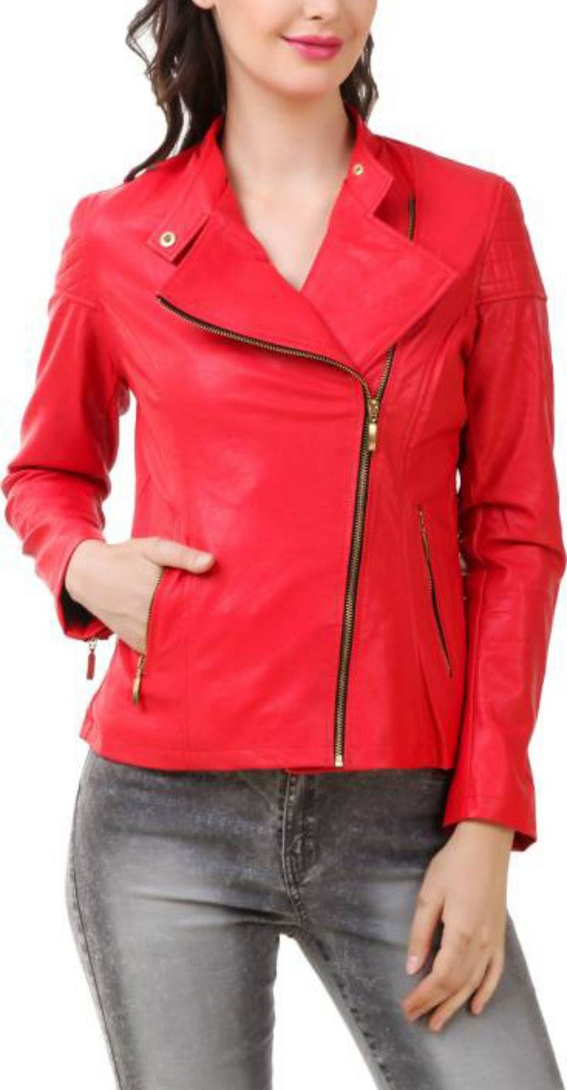 Women Real Lambskin Leather Biker Jacket KW391 featuring high-quality leather, satin lining, and stylish design with pockets.