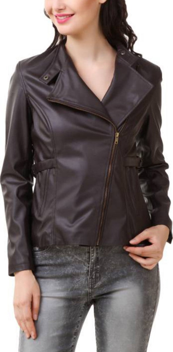 Women Real Lambskin Leather Biker Jacket KW392 featuring high-quality leather, satin lining, and stylish design with pockets.