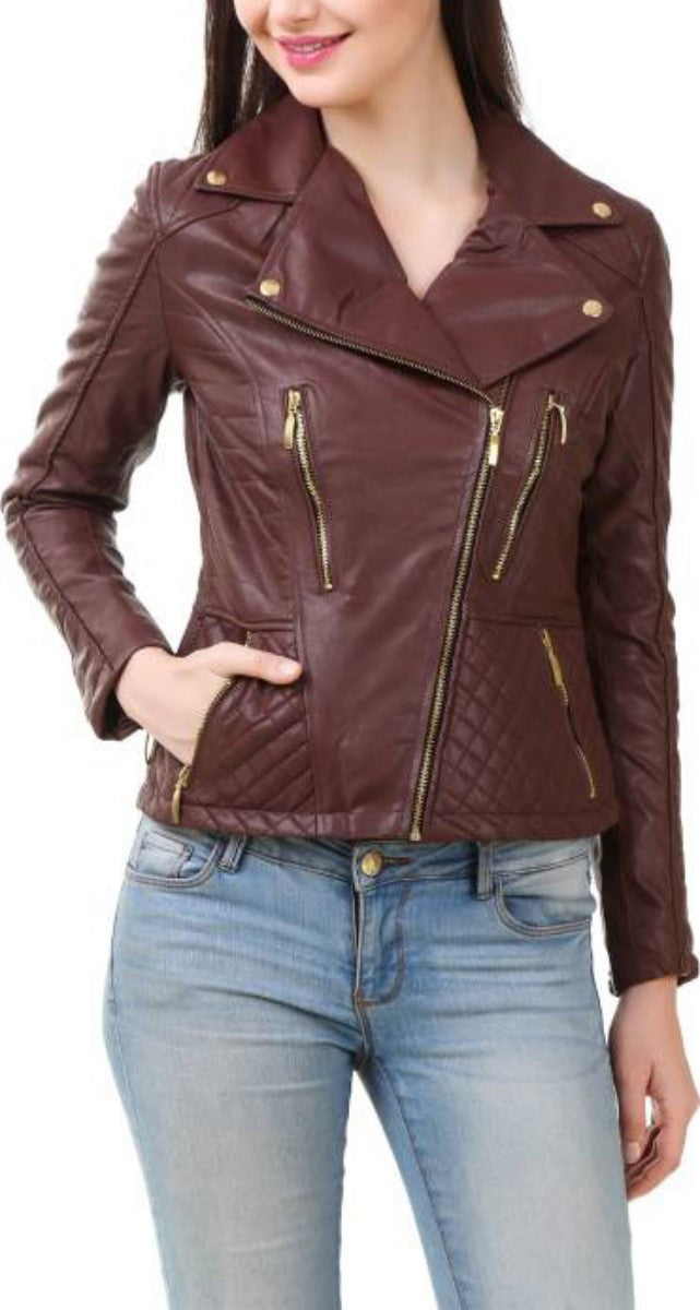 Women Real Lambskin Leather Biker Jacket KW394 featuring high-quality leather, satin lining, and stylish design with multiple pockets.