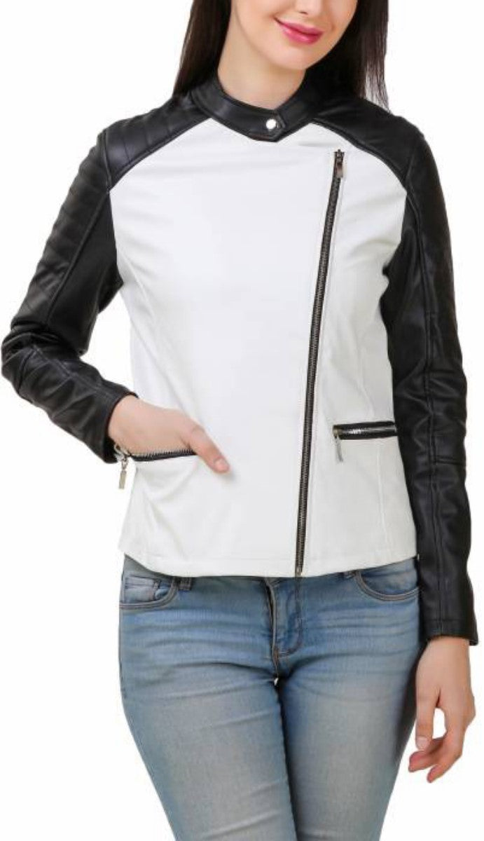 Women Real Lambskin Leather Biker Jacket KW401 featuring high-quality leather, satin lining, and stylish design with pockets.