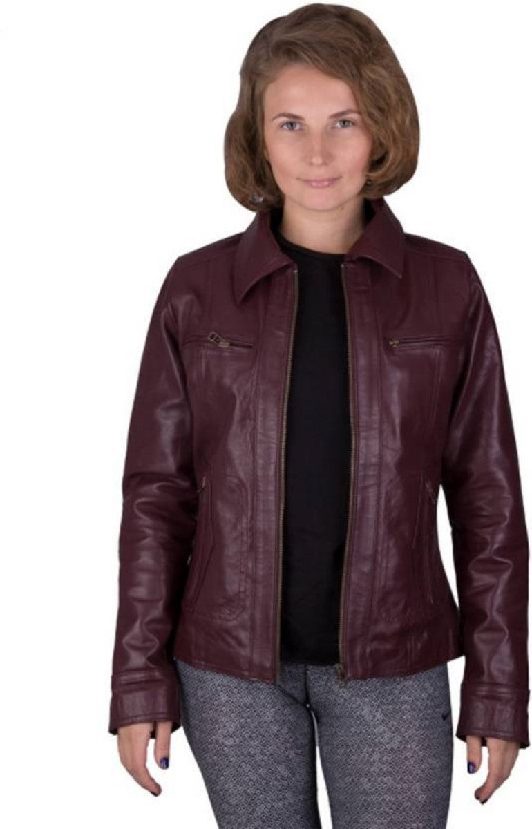 Women Real Lambskin Leather Biker Jacket KW441 featuring high-quality leather, satin lining, and stylish design with multiple pockets.