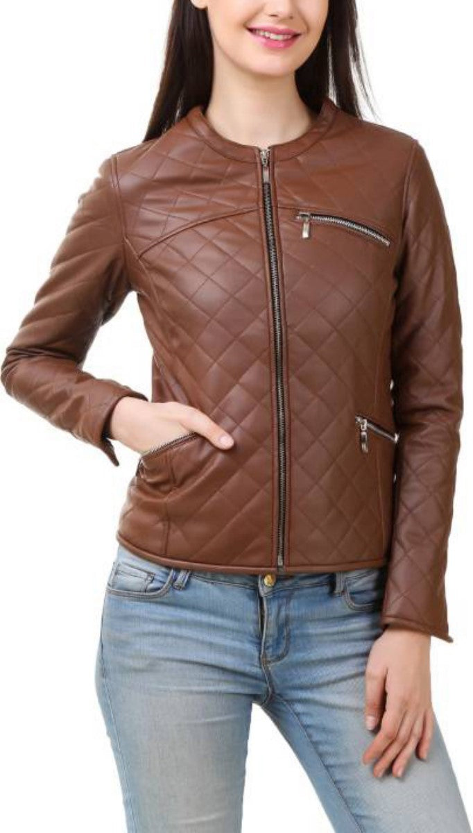 Women Real Lambskin Leather Biker Jacket KW410 featuring high-quality leather, satin lining, and stylish bomber design.