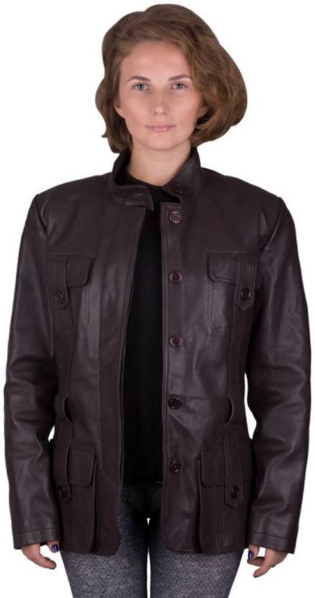 Women Real Lambskin Leather Biker Jacket KW442 featuring high-quality leather, satin lining, and stylish design with pockets.