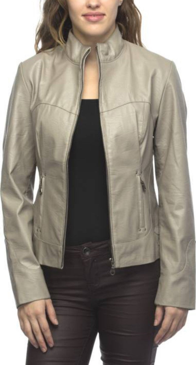 Women Real Lambskin Leather Biker Jacket KW423 featuring high-quality leather, satin lining, and stylish biker design with pockets.