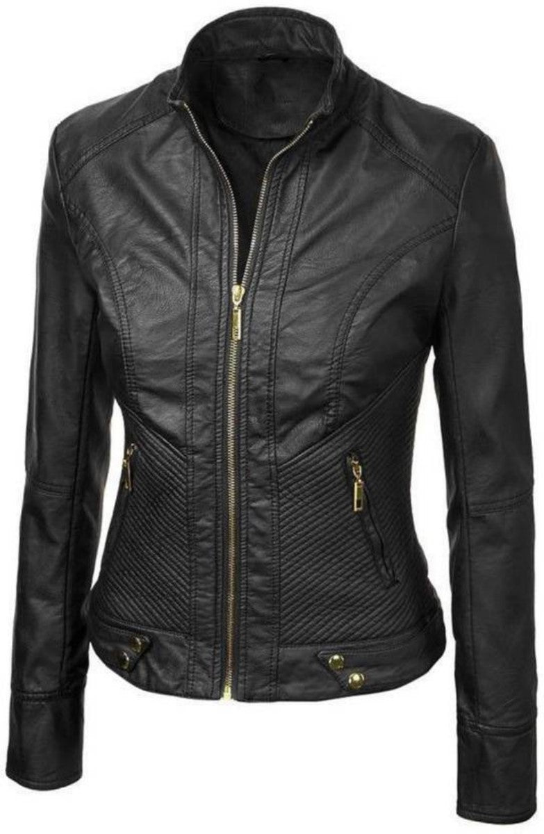 Women Real Lambskin Leather Biker Jacket KW427 featuring high-quality leather, satin lining, and stylish design with multiple pockets.