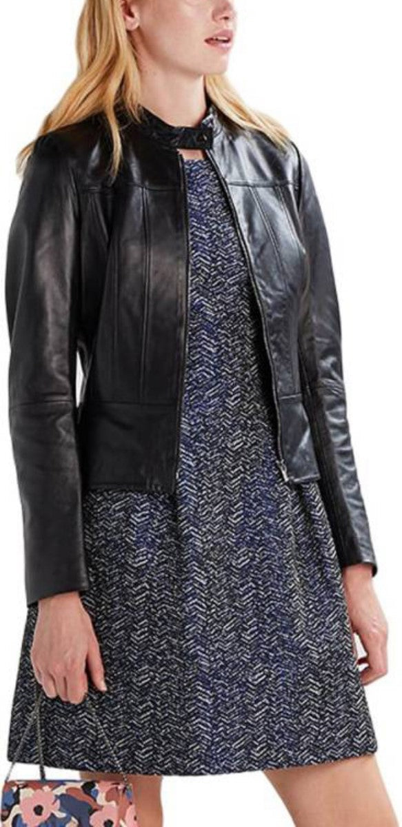 Women Real Lambskin Leather Biker Jacket KW428 featuring high-quality leather, satin lining, and stylish design with pockets.