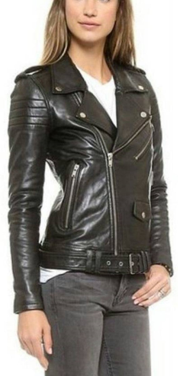 Women Real Lambskin Leather Biker Jacket KW436 featuring high-quality leather, satin lining, and stylish design with multiple pockets.