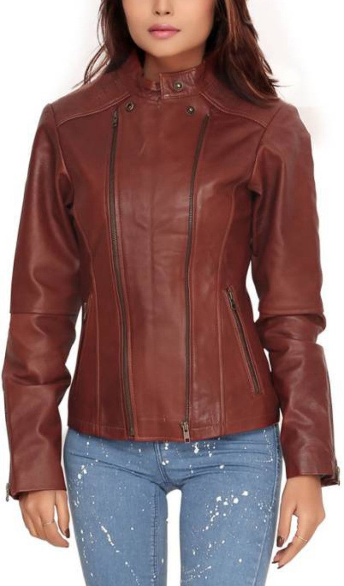 Women Real Lambskin Leather Biker Jacket KW438 featuring high-quality leather, stylish design, and satin lining for comfort.