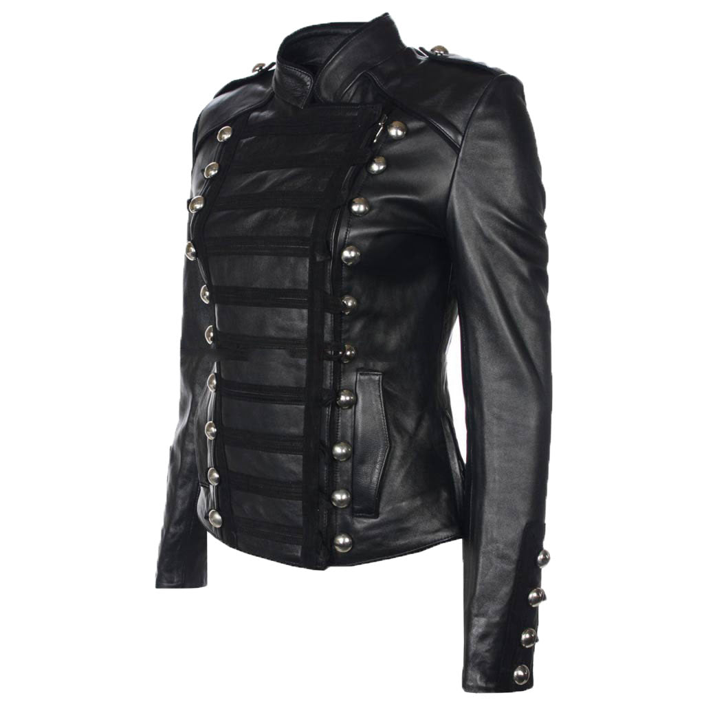 Women Real Lambskin Leather Biker Jacket KW458 featuring high-quality leather, satin lining, and stylish design with pockets.