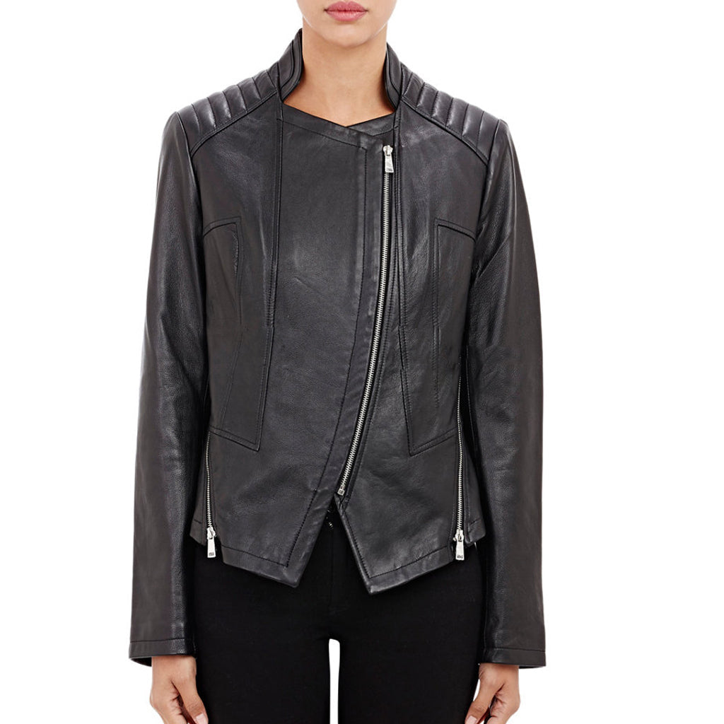 Women Real Lambskin Leather Biker Jacket KW466 featuring high-quality leather, satin lining, and stylish design with pockets.