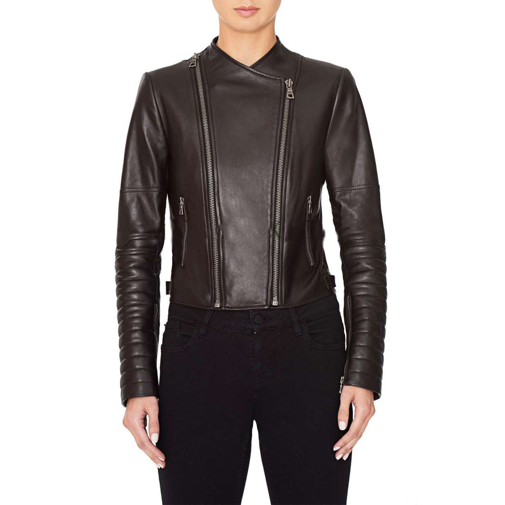 Women Real Lambskin Leather Biker Jacket KW462 featuring high-quality leather, satin lining, and stylish design with pockets.