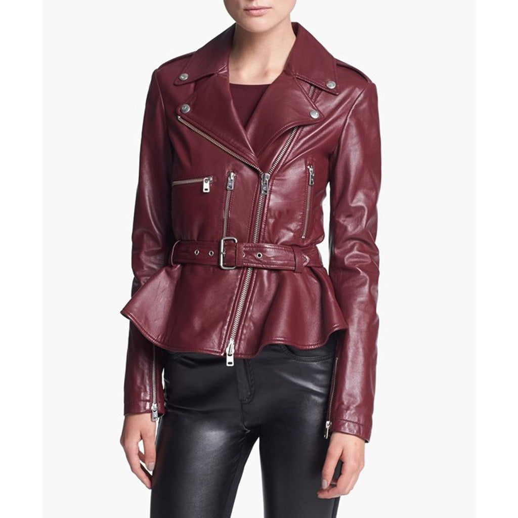 Women Real Lambskin Leather Biker Jacket KW477 featuring high-quality leather, satin lining, and stylish biker design.