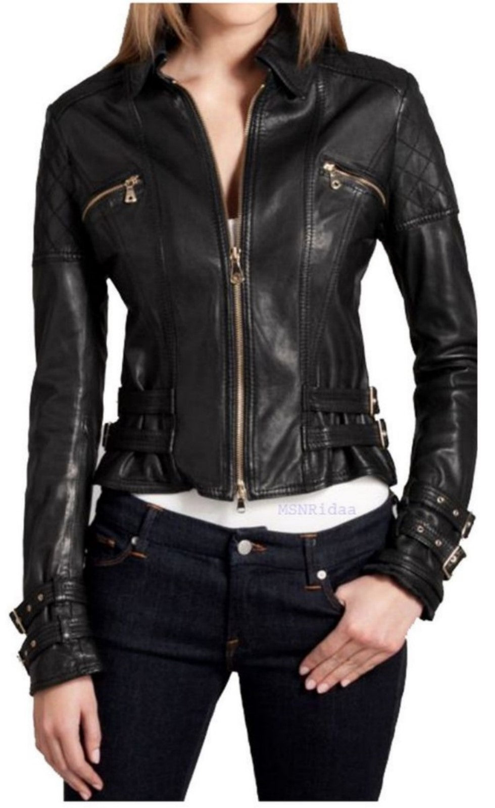 Women Real Lambskin Leather Biker Jacket KW512 featuring high-quality leather, satin lining, and stylish design with multiple pockets.