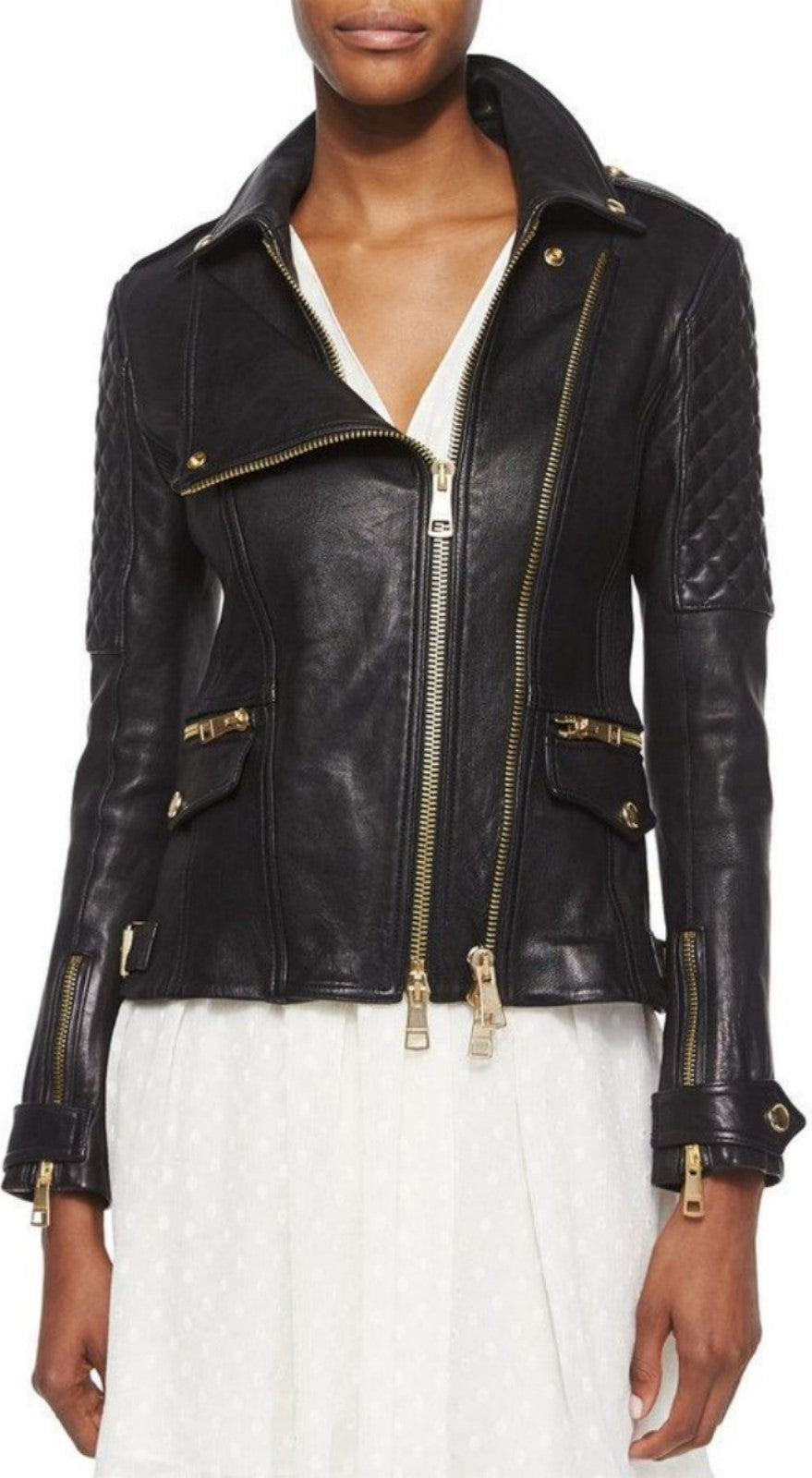 Women Real Lambskin Leather Biker Jacket KW513 featuring high-quality leather, YKK zipper, and satin lining for comfort.