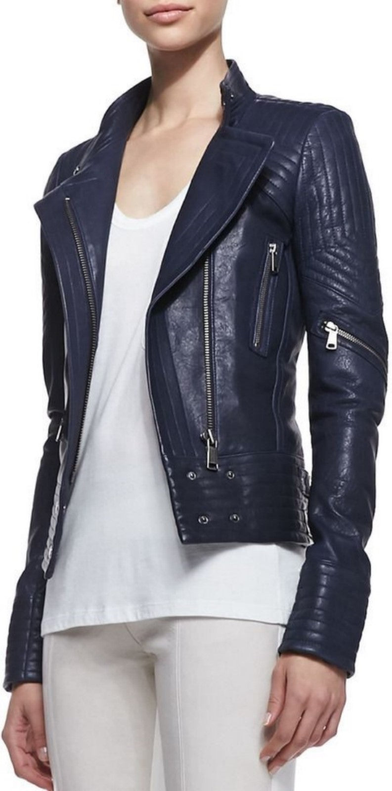 Women Real Lambskin Leather Biker Jacket KW521 featuring high-quality leather, satin lining, and stylish design with pockets.