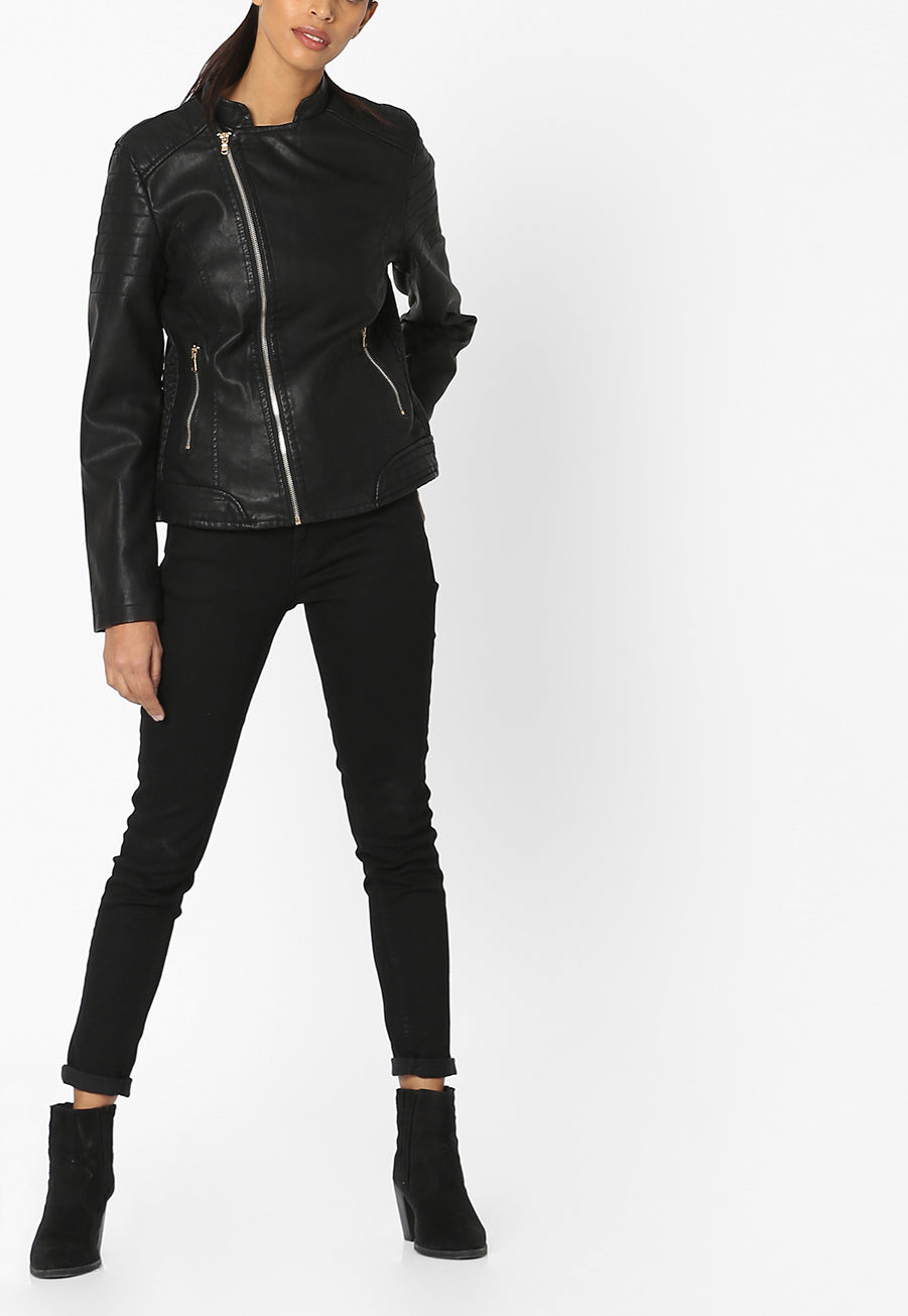 Women Real Lambskin Leather Biker Jacket KW568 featuring high-quality leather, satin lining, and stylish design with pockets.