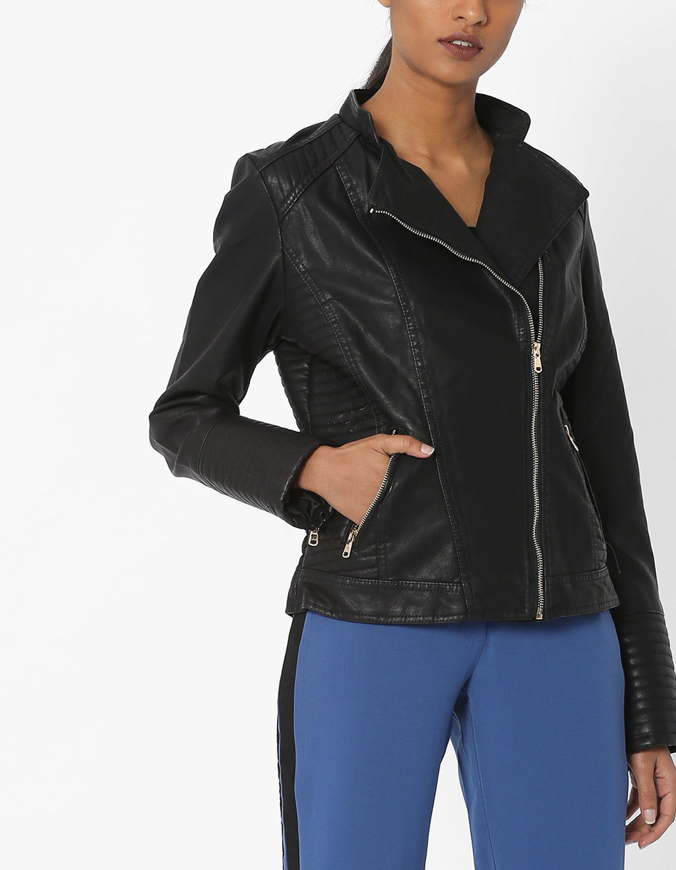 Women Real Lambskin Leather Biker Jacket KW569 featuring high-quality leather, satin lining, and stylish design with pockets.