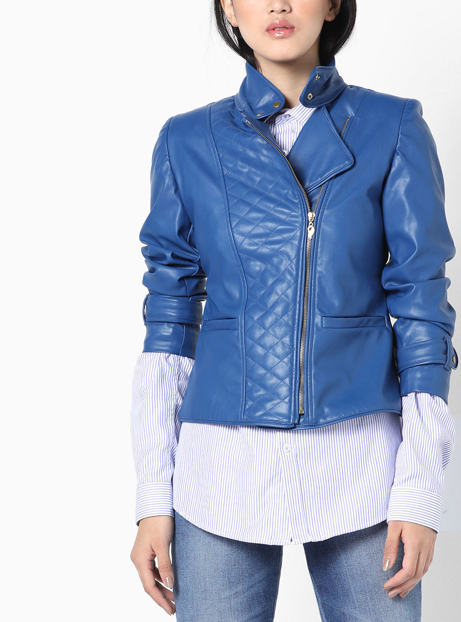 Women Real Lambskin Leather Biker Jacket KW577 featuring high-quality leather, satin lining, and stylish design with pockets.