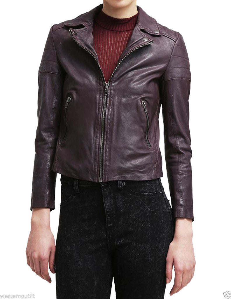 Women Real Lambskin Leather Jacket KW010 featuring high-quality leather, satin lining, and stylish motorcycle design.