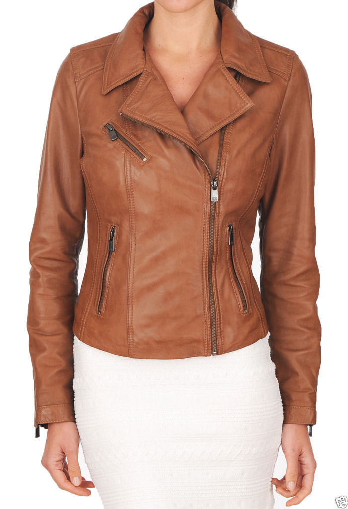 Women Real Lambskin Leather Jacket KW015 featuring high-quality leather, satin lining, and stylish motorcycle design.