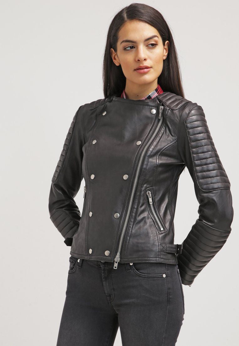 Women Real Lambskin Leather Jacket KW018 featuring high-quality leather, satin lining, and stylish motorcycle design.