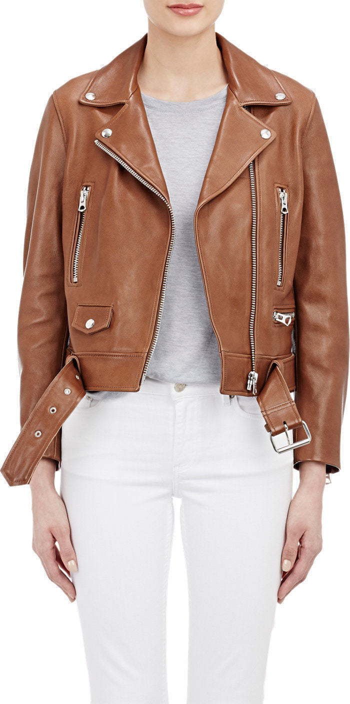 Women Real Lambskin Leather Jacket KW019 featuring high-quality leather, satin lining, and stylish motorcycle design.