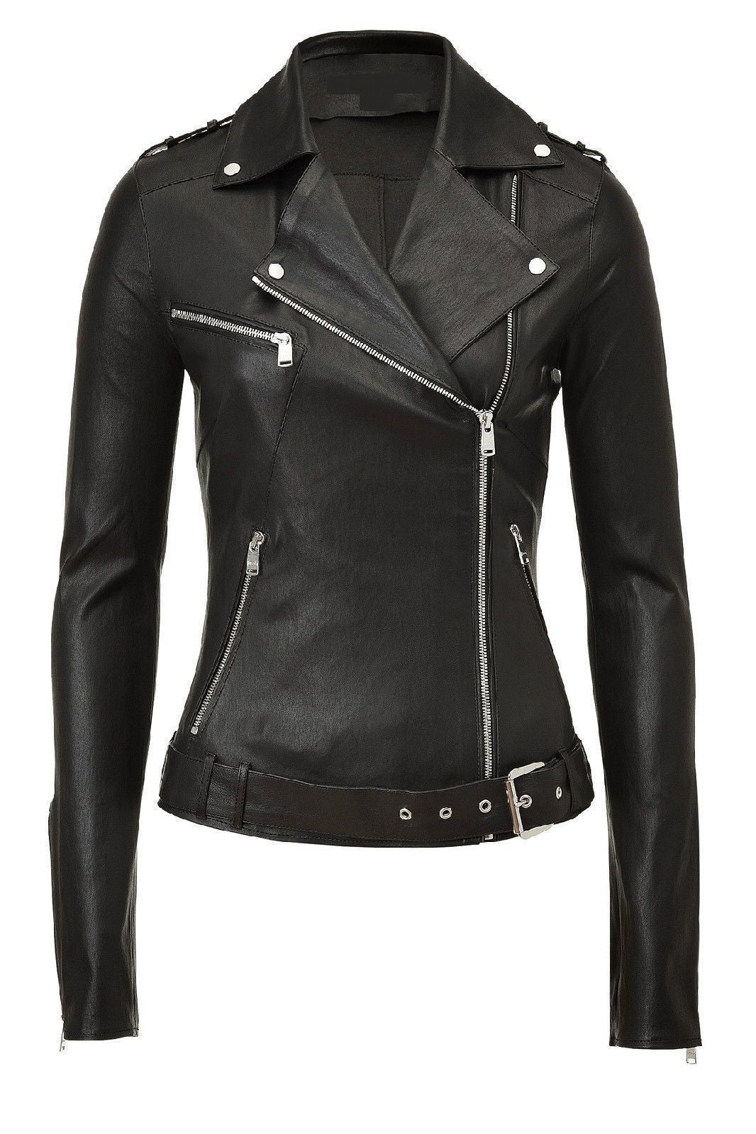 Women Real Lambskin Leather Jacket KW020 featuring high-quality leather, satin lining, and stylish motorcycle design.