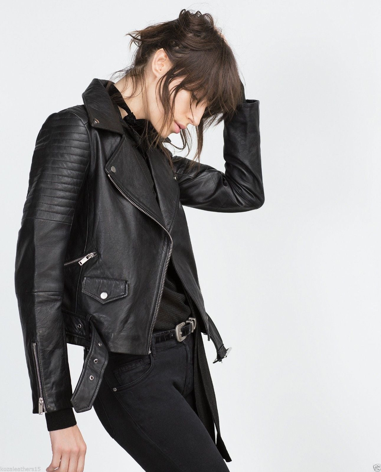 Women Real Lambskin Leather Jacket KW003 featuring high-quality leather, satin lining, and stylish motorcycle design with pockets.