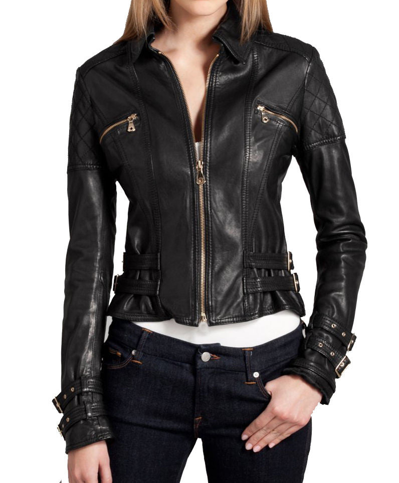 Women Real Lambskin Leather Jacket KW009 featuring high-quality leather, satin lining, and stylish motorcycle design.