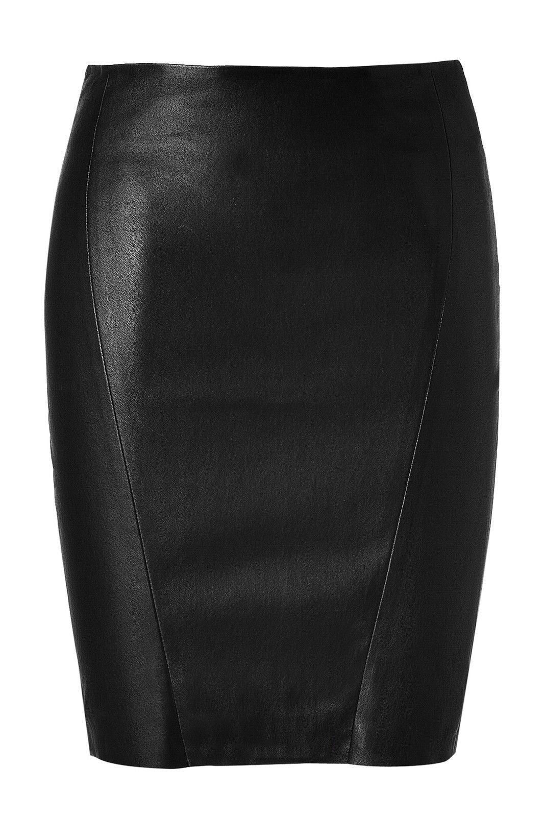 Women Real Lambskin Leather Knee Length Skirt in black with satin lining and stylish pockets.