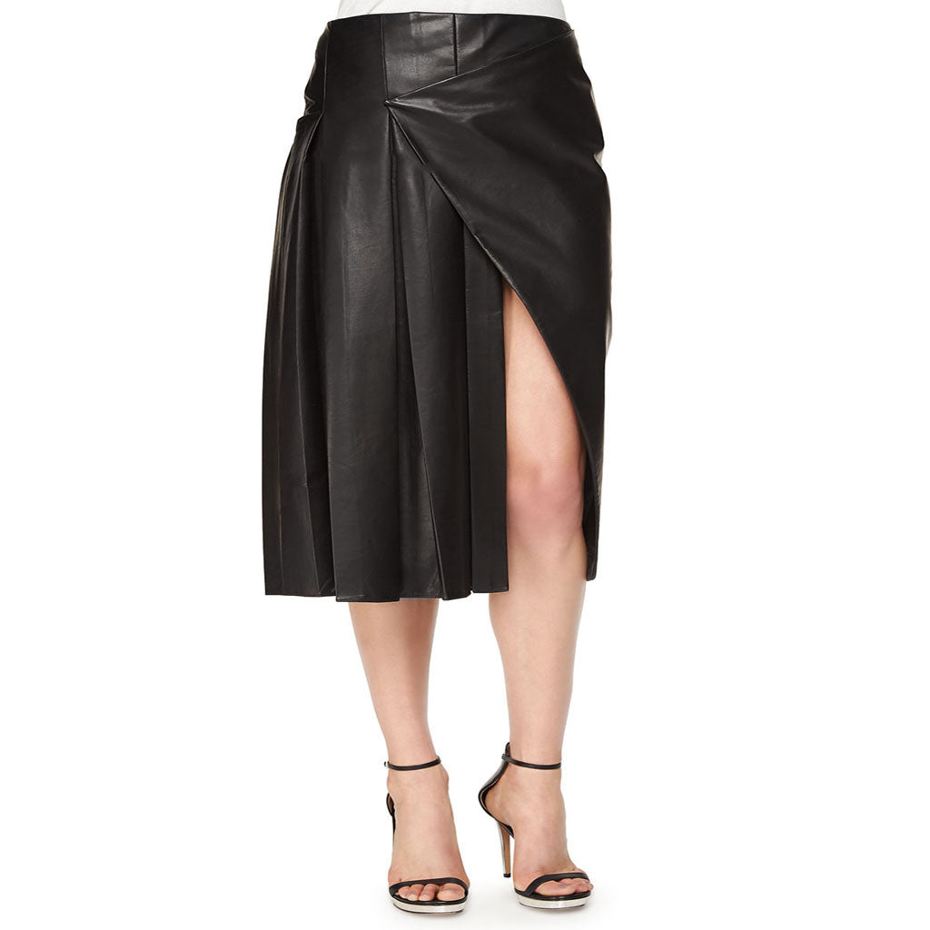 Women Real Lambskin Leather Knee Length Skirt WS145 displayed with pockets and satin lining, showcasing its elegant design.