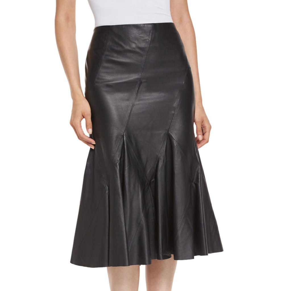 Women Real Lambskin Leather Knee Length Skirt WS146 displayed with pockets and satin lining, showcasing its elegant design.