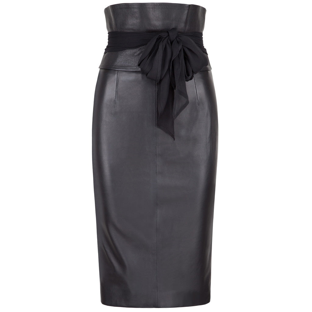 Women Real Lambskin Leather Knee Length Skirt in black with satin lining and stylish pockets.