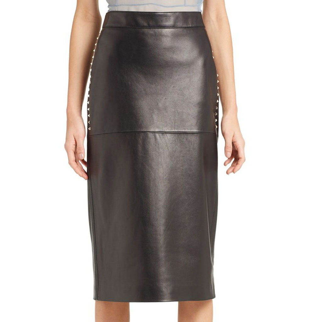 Women Real Lambskin Leather Knee Length Skirt WS154 with satin lining and pockets, showcasing high-quality craftsmanship.