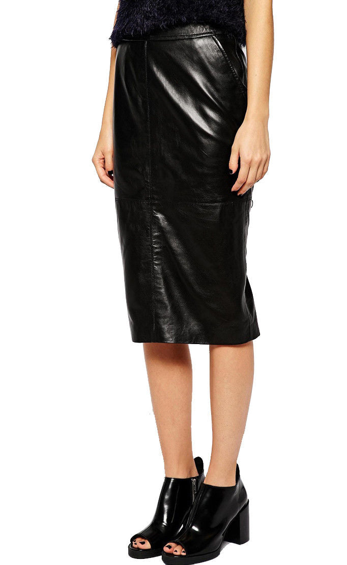 Women Real Lambskin Leather Slim Fit Skirt with satin lining and pockets, showcasing high-quality craftsmanship.