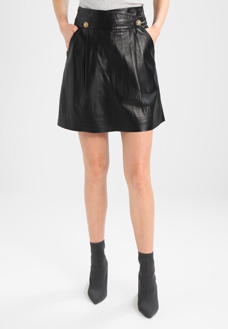 Women Real Lambskin Leather Slim Fit Skirt in knee-length pencil style with satin lining and pockets.