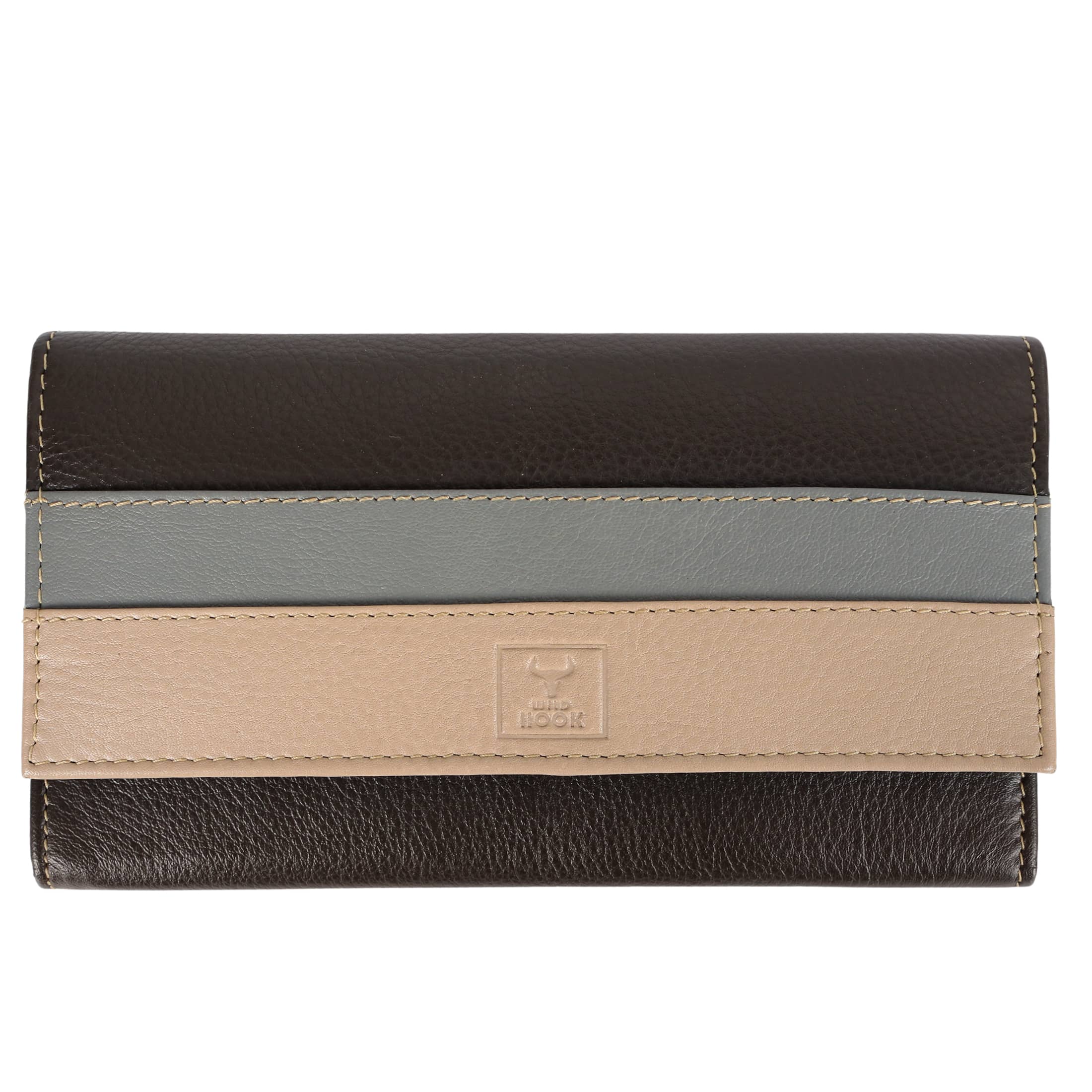 Women vintage wallet made of genuine leather in black and brown colors, showcasing its elegant design and multiple compartments.