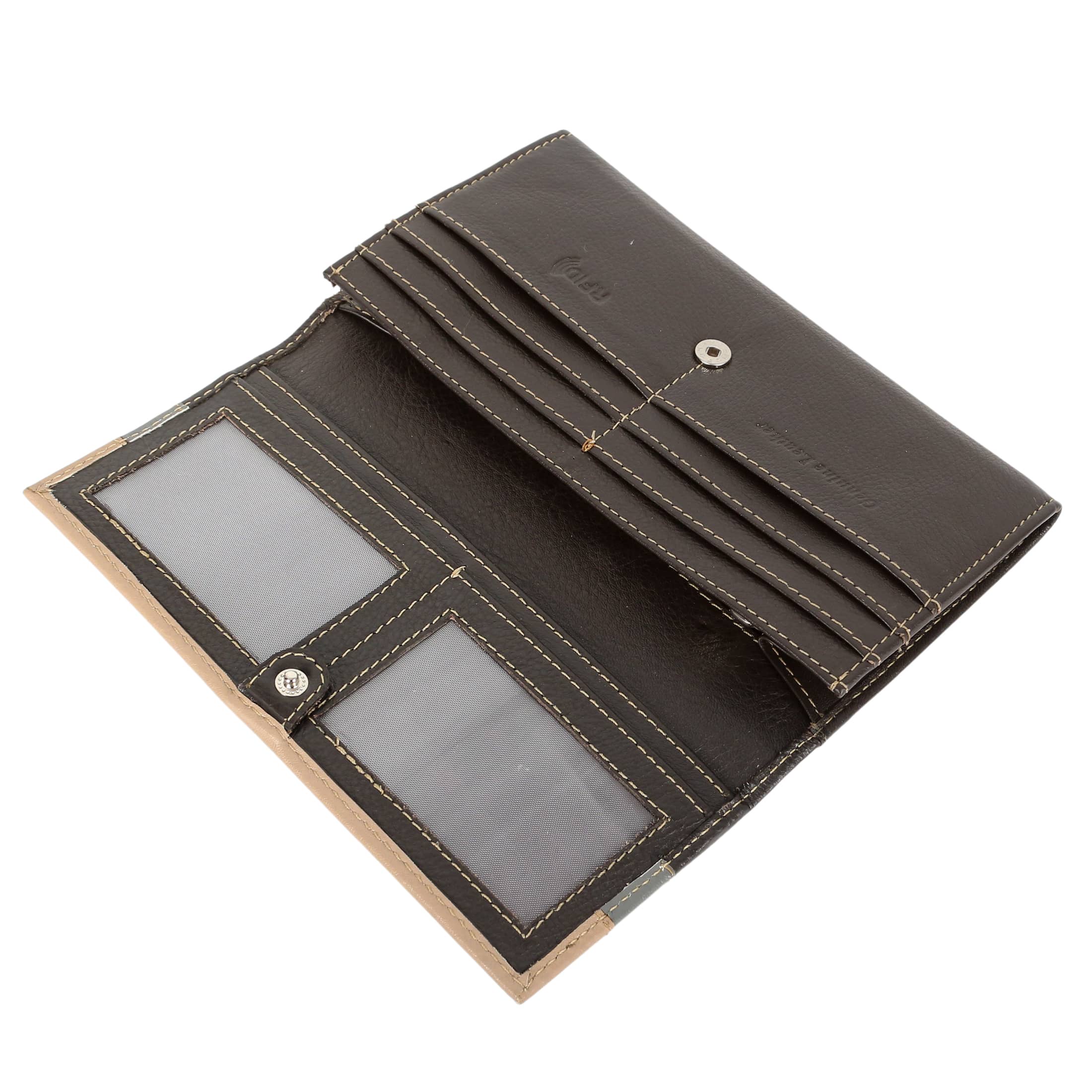 Women vintage wallet made of genuine leather in black and brown colors, showcasing its elegant design and multiple compartments.