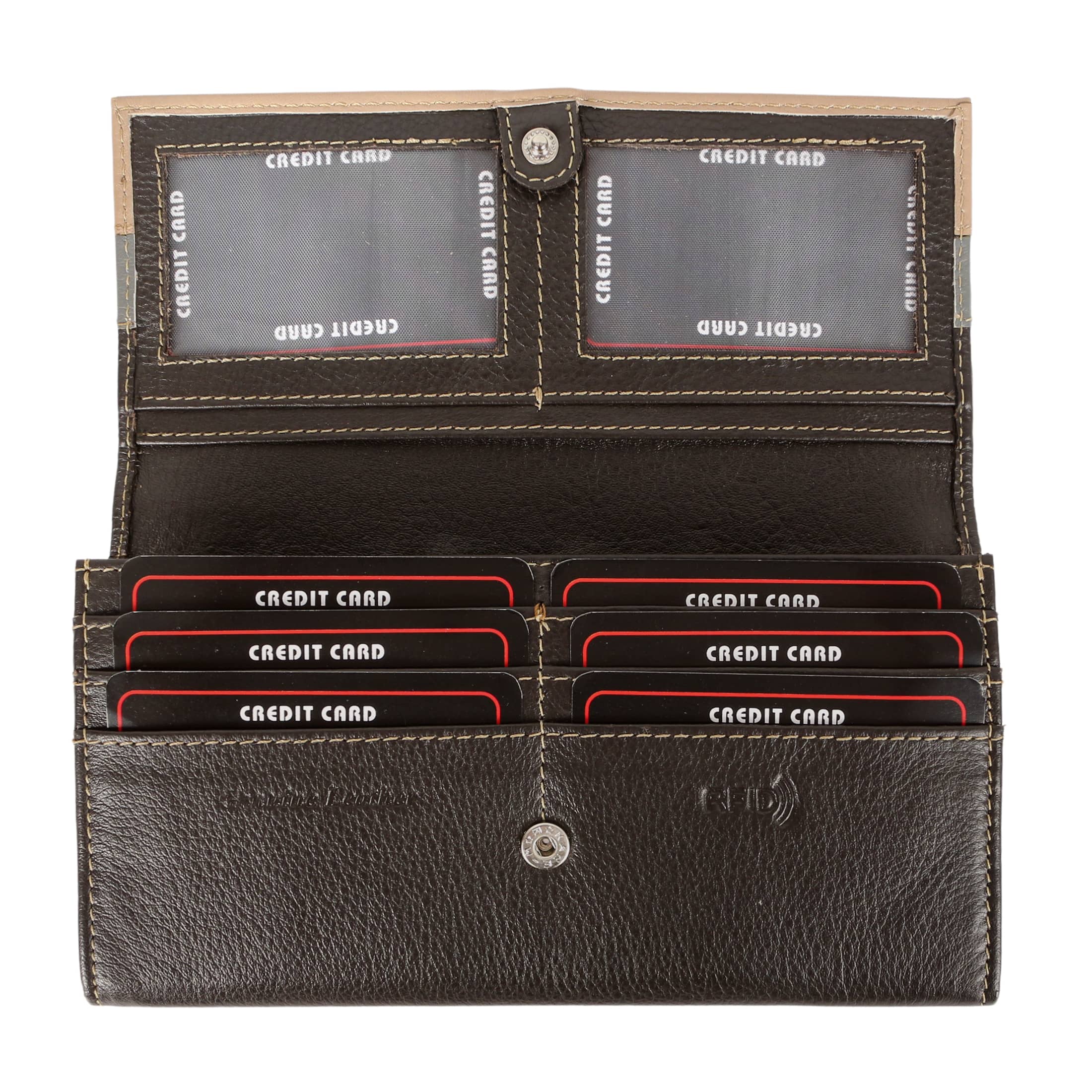 Women vintage wallet made of genuine leather in black and brown colors, showcasing its elegant design and multiple compartments.