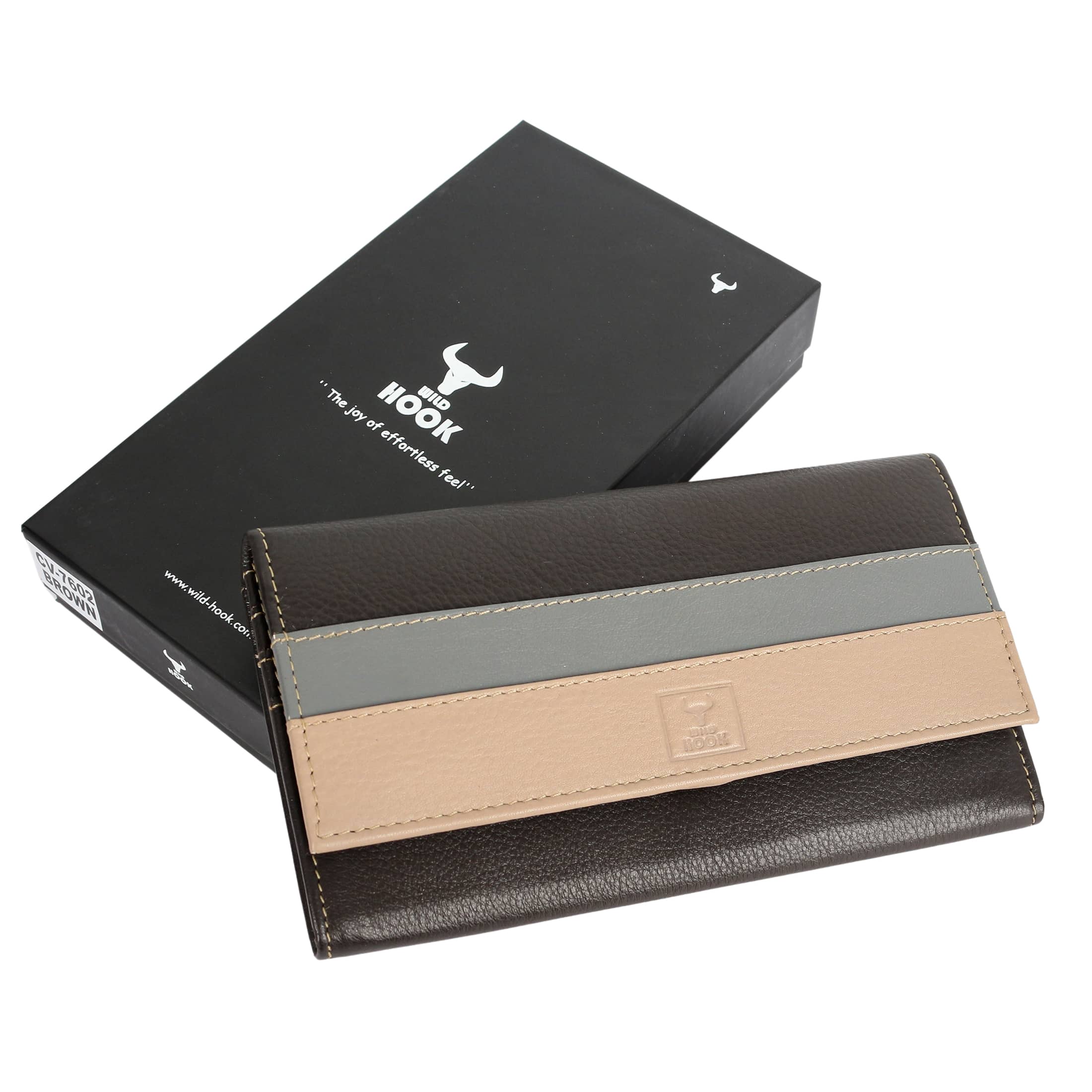 Women vintage wallet made of genuine leather in black and brown colors, showcasing its elegant design and multiple compartments.