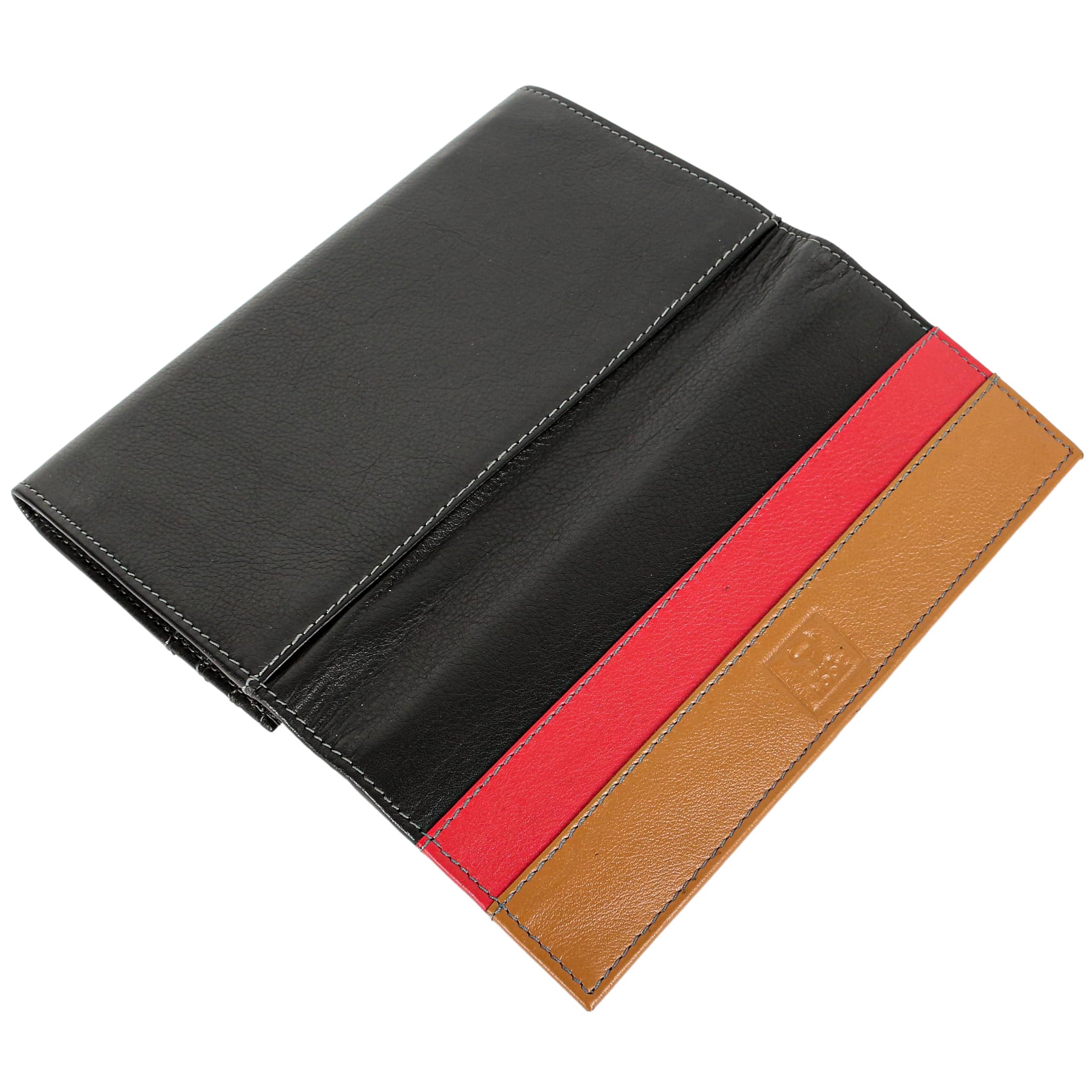 Women vintage wallet made of genuine leather in black and brown colors, showcasing its elegant design and multiple compartments.